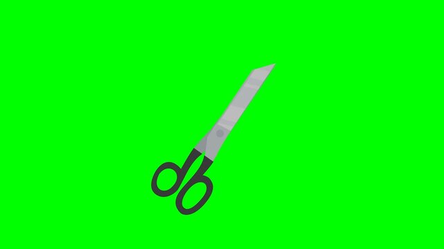 Animation of a pair of scissors cutting a red ribbon with "TAX" written on it on a green screen with alpha channel in flat design style