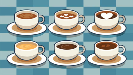Six cups of coffee with different latte art on blue checkered background mugs coffee drinks