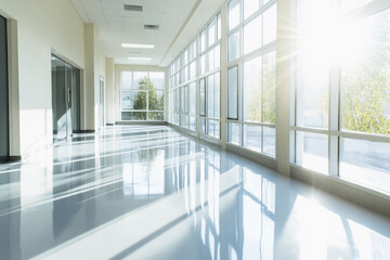 Fototapeta premium Bright modern hallway with large windows and shiny floor Generative AI