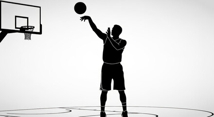 Monochrome basketball player silhouette executing perfect jump shot technique towards hoop