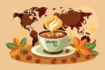 Steaming coffee cup with International Day text surrounded by coffee beans and autumn leaves