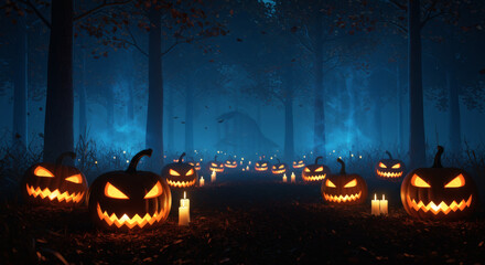 Halloween pumpkins in the forest at night. Halloween background with Evil Pumpkin. Spooky scary dark Night forrest. Holiday event halloween banner background concept