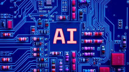 Futuristic AI letters on circuit board blue digital tech