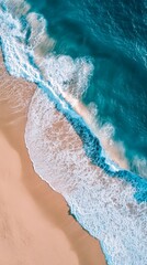 Fototapeta premium Top view beach waves ocean sand turquoise water coast shore