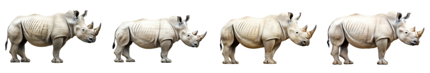 Obraz premium Four detailed side views of white rhinoceros with textured skin and horns. Realistic wild animal illustrations isolated on white background. Large mammal wildlife with rugged body and natural shading.