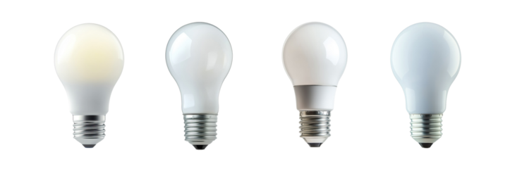 LED light bulbs in various styles and designs. Energy-efficient light bulbs with metal screw bases and frosted glass surfaces. Isolated modern bulbs for home and office lighting solutions.