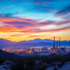 Fototapeta premium Vibrant sunrise over industrial landscape near mountains Generative AI
