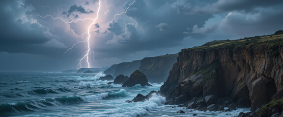 Dramatic lightning storm over rugged coastline ocean view natural landscape atmospheric conditions