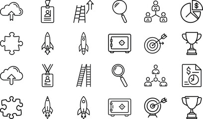 Business Startup and Growth Line Icons Collection – Cloud Upload, ID Badge, Rocket Launch, Magnifying Glass, Teamwork, Pie Chart, Puzzle, Safe Vault, Target, and Trophy in Minimalist Outline Style