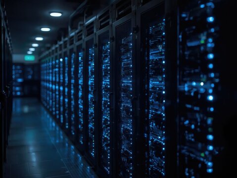 Intelligent server racks with glowing neural network lights - Powered by Adobe