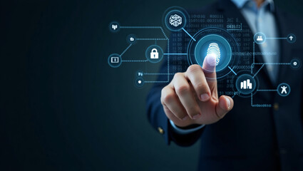 A hand in a suit presses a fingerprint icon on a digital security interface.