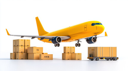 Yellow cargo airplane flying above stacked boxes, symbolizing logistics and transportation. scene conveys efficiency and delivery