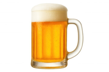 Cold beer is overflowing with a thick head of white foam in a glass mug on a transparent background