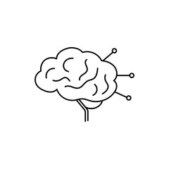 Outline vector brain icon with neural nodes and connections, representing AI and data processing, side profile.