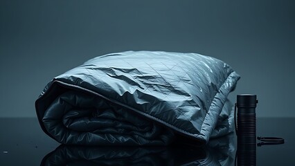 Japan Disaster Prevention survival blanket and flashlight on gray backdrop, symbolizing preparedness and resilience.