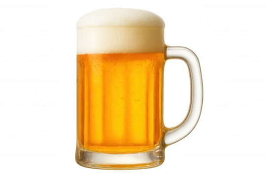 Cold beer is overflowing with a thick head of white foam in a glass mug on a transparent background
