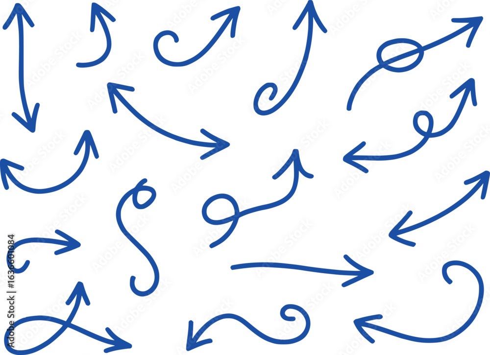 Poster collection of playful hand-drawn arrows indicating direction and movement with whimsical curls and l