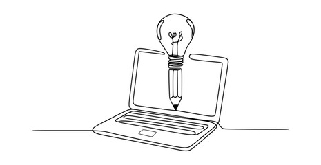 Single line drawing of laptop with lightbulb and pencil idea concept computer technology