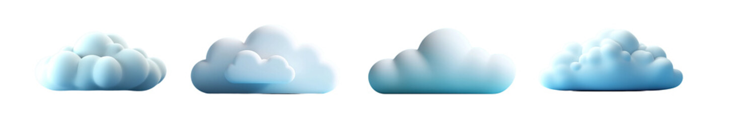 3D blue clouds set with soft lighting and smooth shading. Different stylized cloud shapes in a row on black background. Minimalistic digital weather and sky concept illustration.