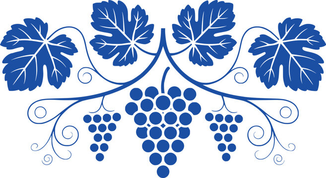 Elegant Grapevine Pattern Decoration Design with Blue Leaves and Grapes Aesthetically Arranged, Ideal for Print or Digital Creative Purposes