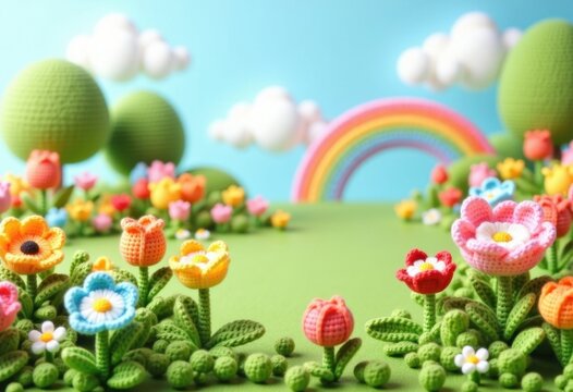 Crochet Flowers in Meadow with Vibrant Rainbow Overhead
