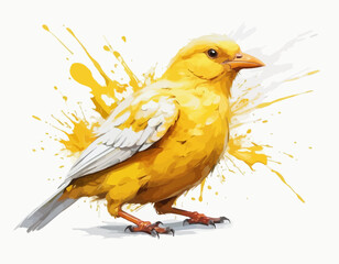  Its wings are a mix of yellow and white, and they are spread wide, as if just taking off or landing. The style of the image incorporates elements of watercolor or ink splatters, with splashes of y