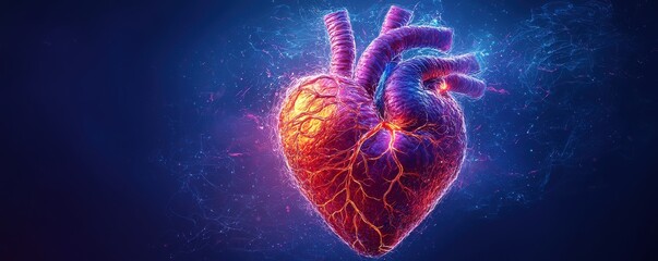 Colorful illustration of a human heart with glowing veins on dark background