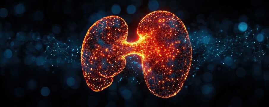 Digital representation of human kidneys glowing in a neural network style