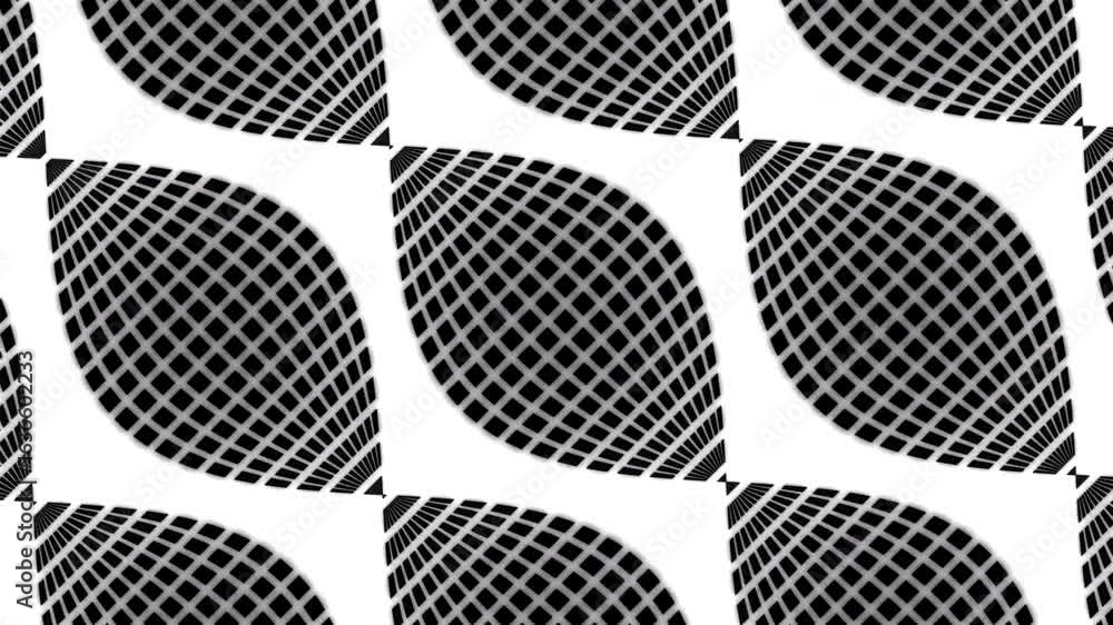 Poster abstract black and white geometric pattern featuring repeating distorted grid shapes.