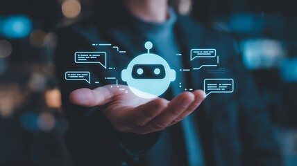 Person holding a chatbot icon with speech bubbles, representing aipowered communication and customer service in a modern digital landscape