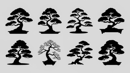 Obraz premium Eight Diverse Silhouette Bonsai Trees in Various Styles and Poses image photo