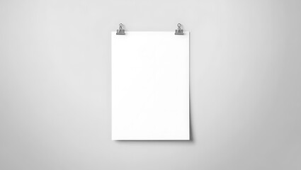 Blank white paper sheet hanging on a gray wall mockup for presentations and designs with metal clips holding the paper securely