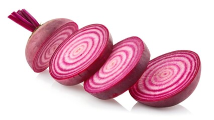 Vibrant red onion halved and sliced showcasing concentric rings and deep purple hue against a clean white background
