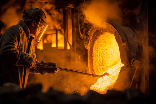 Worker in steel foundry holding a glowing steel rod with tongs, molten furnace behind, heat haze effect