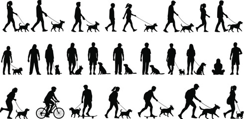 Silhouettes of People Walking Dogs: Diverse Activities and Styles for Outdoor Pet Companionship, Vector Collection
