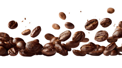 Obraz premium Coffee beans flying mid-air on a white background