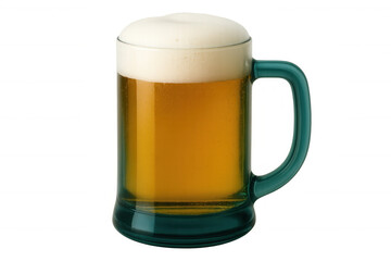 Green glass mug full of refreshing golden beer with thick white foam head, isolated on transparent background