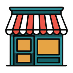 Vector art of store or shop building icon with awning and windows, representing retail, business, commerce, and shopping