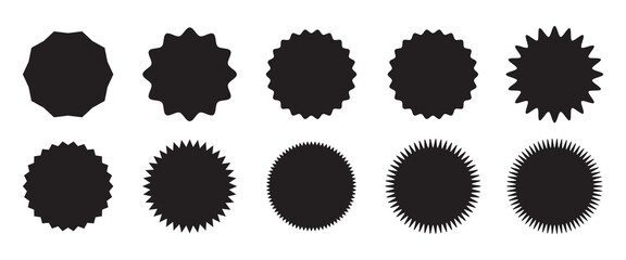 Sticker star burst, promo badge round shape, price tag circle, sale label icon, black sun, new discount set isolated on white background. Advertising vector illustration
