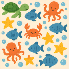 Cute smiling sea creatures pattern with a textured handdrawn illustration style.