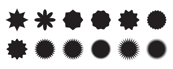 Sticker star burst, promo badge round shape, price tag circle, sale label icon, black sun, new discount set isolated on white background. Advertising vector illustration