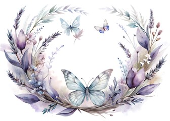 Delicate watercolor wreath featuring soft purple flowers butterflies and wispy greenery creating an ethereal natural border