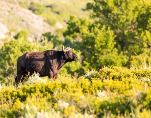 Large dark bull in sunlit grassy hill