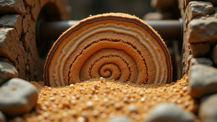 Freshly milled grain with traditional stone grinder on rustic table