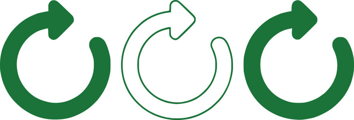 Three Variations of a Circular Arrow Symbolizing Recycling Efforts and Sustainable Practices Illustrated with Differing Line Thicknesses and Fill