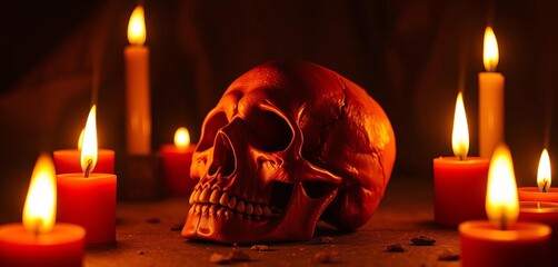 A human skull rests amidst flickering candlelight, casting dramatic shadows,  ritual,  sacrifice