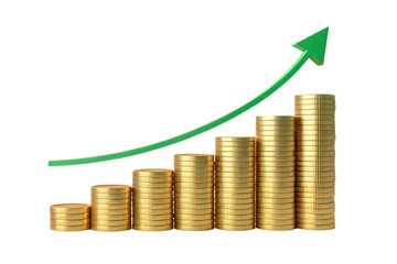 3d icon of golden coins stacked in ascending order with a green arrow indicating financial growth, isolated on transparent background
