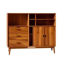 Modern wooden storage cabinet with open shelves and doors, isolated on a transparent background, generative AI