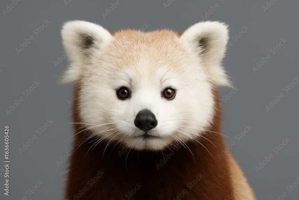 Poster a young red panda gazes directly into the camera with a curious expression, set against a simple gra