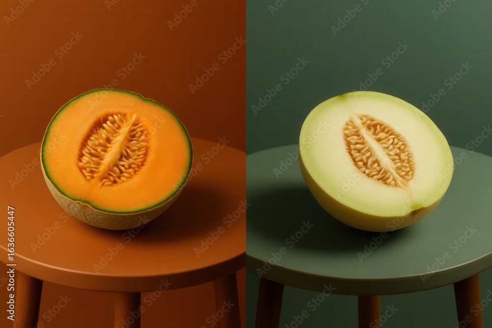 Poster a study in color and texture - cantaloupe slices on a gradient background